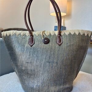 Woven Raffia Tote with Brown Leather Handles